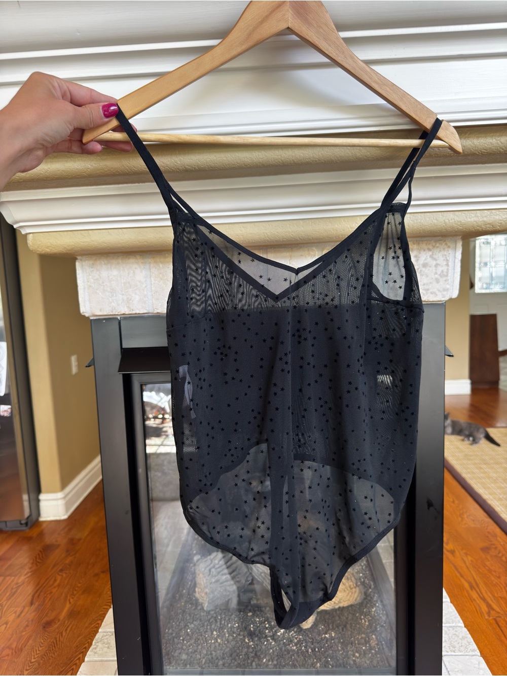Colsie Black Velvet Star Mesh Thong Bodysuit Size XL